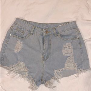 Distressed high waisted light wash shorts